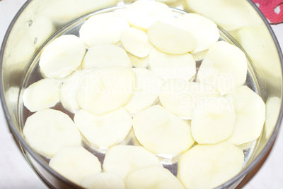 Форму для выпечки смазать сливочным маслом. Выложить слой картофеля нарезанного ломтиками. 