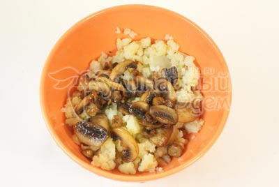 Картофель отварить и растолочь, добавить грибы с луком и маслом в котором они жарились. Хорошо перемешать. Выложить на тарелку и поставить остужаться