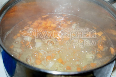 Воду вскипятить, добавить картофель, морковь и варить до полу готовности