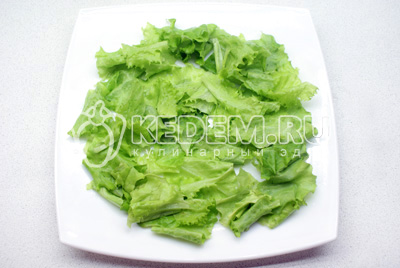 Выкладываем на тарелку крупно порванные листья салата