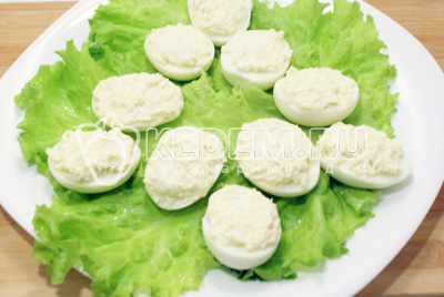 Нафаршировать половинки яиц начинкой и выложить на блюдо с листьями салата