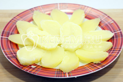 Нарезать картофель кружочками выложить на плоское блюдо