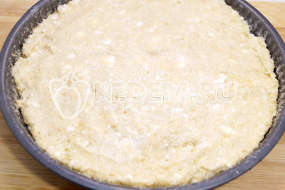 Форму смазать сливочным масло посыпать панировочными сухарями. Выложить тесто в форму и разровнять мокрыми руками