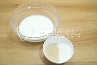 В теплом молоке (200 мл.) развести дрожжи с сахаром.