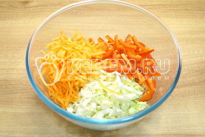 В миску нашинковать капусту, натереть морковь и нарезать соломкой перец.