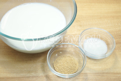 В миску с теплым молоком добавить сухие дрожжи и сахар.