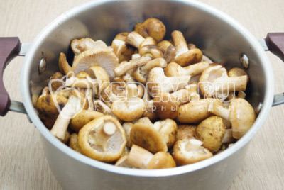 Сложить в кастрюлю, залить холодной водой, так чтобы прикрывала грибы и поставить варить. Варить после закипания 15 минут, снять пену. Откинуть грибы на дуршлаг, слить воду.
