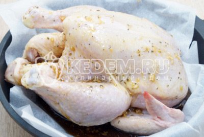 Выложить курицу в форму для запекания, застеленную пергаментом. Влить остатки маринада под курицу.