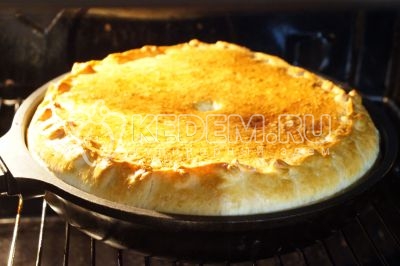 Выпекать пирог с картофелем и грибами в разогретой до 180 градусов С духовке 25 минут.