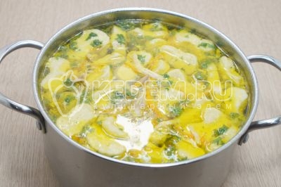 Добавить 1 чайную ложку соли и мелко нашинкованную зелень петрушки. Перемешать и дать супу настояться 10-15 минут.