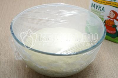 Выложить тесто в миску и накрыть пищевой пленкой, оставить в тепле на 30-40 минут.