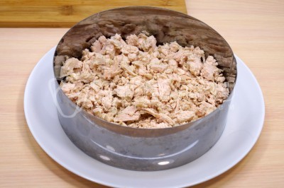 На тарелку установить сервировочное кольцо для салатов. Выложить нарезанное куриное филе в сервировочное кольцо и немного посолить.