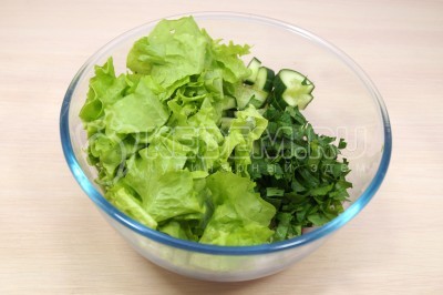 Добавить нашинкованную зелень петрушки и нарвать руками листья салата.