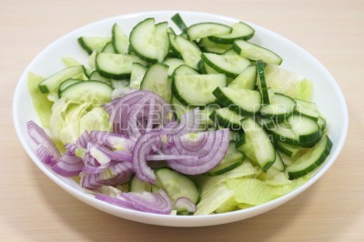 Добавить полукольцами нарезанную красную луковицу.