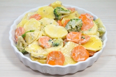 Перемешать заправленные овощи и выложить овощи в форму для запекания.