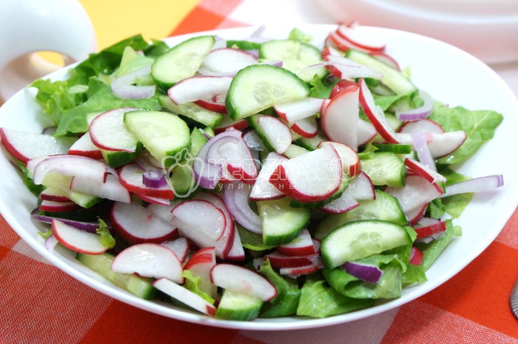 Овощной салат с редисом, огурцом, луком и маслом